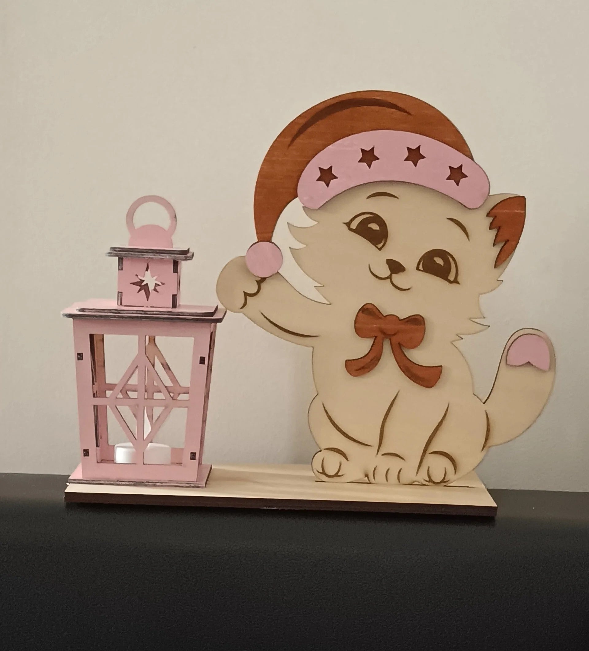 Veilleuse lanterne "petit chat" en bois